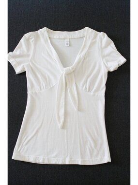 Merona White Short Sleeve Bow Tie Cotton Blend Preppy Coquette T-shirt Size S